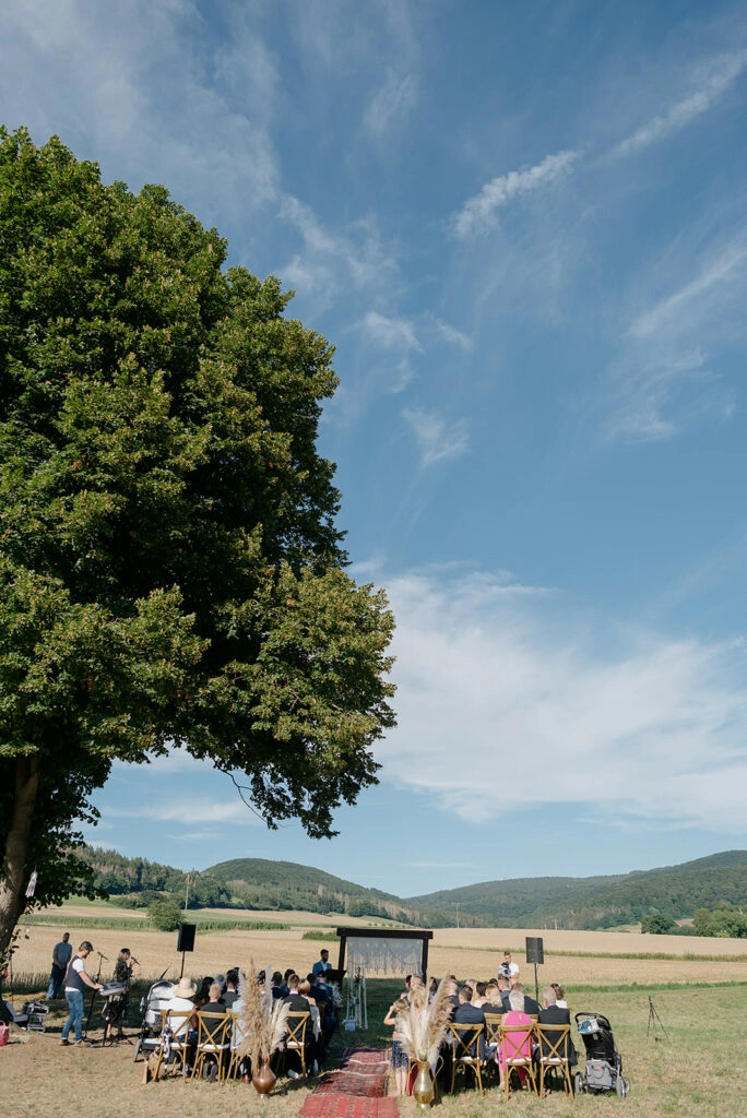 Freie Trauung unter einem großen Baum vor weiter Landschaft.