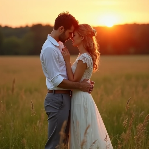 Hochzeitspaar umarmt sich auf einer Wiese im warmen Licht der untergehenden Sonne.