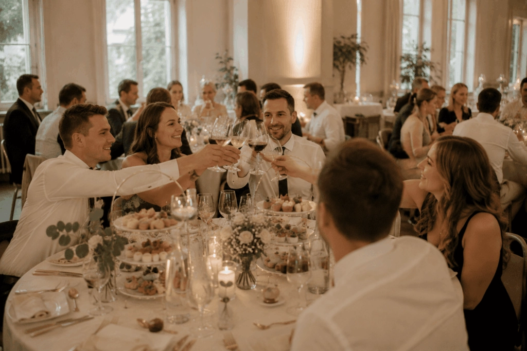 Hochzeitsgäste stoßen an einer festlich gedeckten Tafel miteinander an.