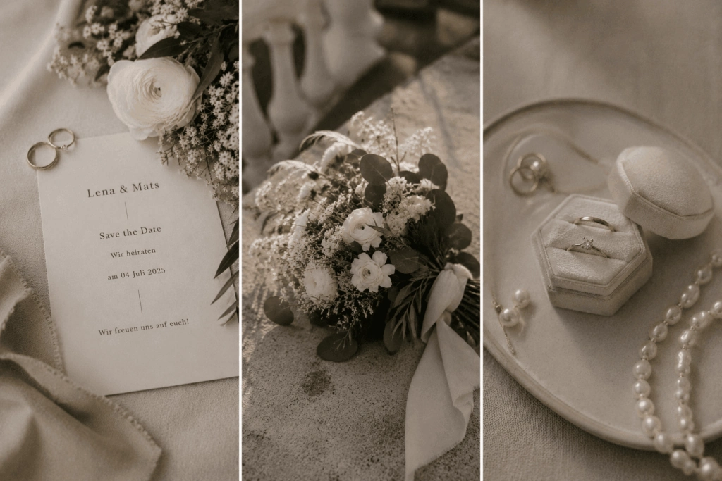 Collage aus Hochzeitseinladung, Brautstrauß, Ringschatulle und Perlenschmuck.