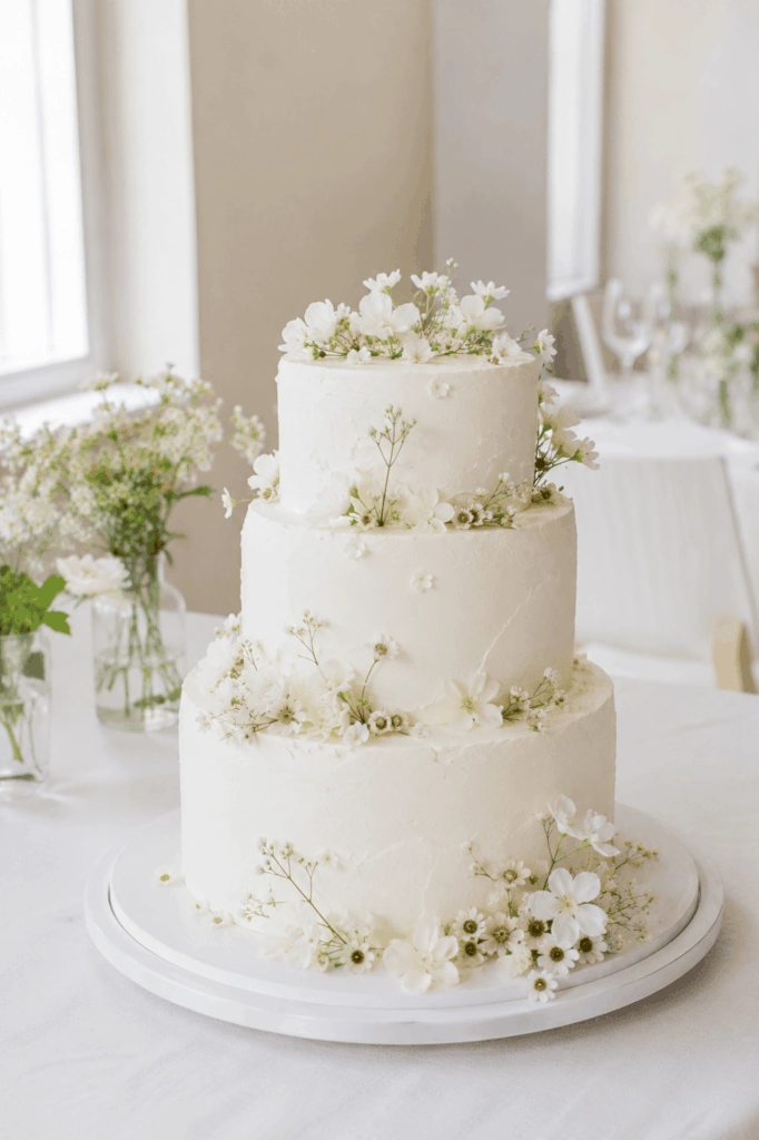 Dreistöckige weiße Hochzeitstorte mit kleinen Blüten.