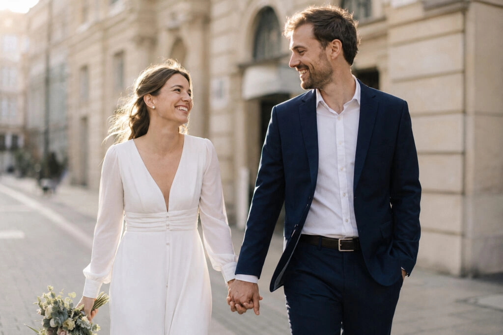 Brautpaar spaziert Hand in Hand durch die Stadt.