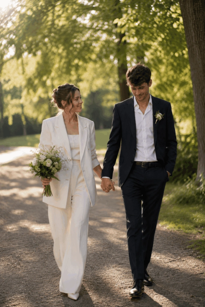 Brautpaar geht Hand in Hand über einen schattigen Parkweg.