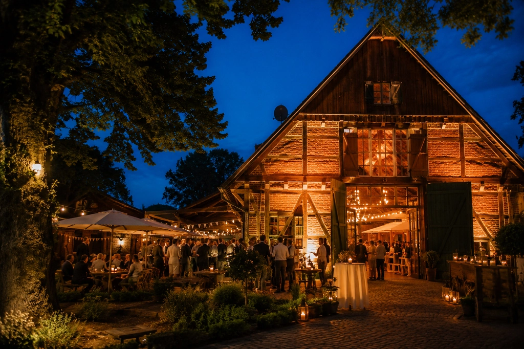 Beleuchtete Hochzeitsscheune am Abend