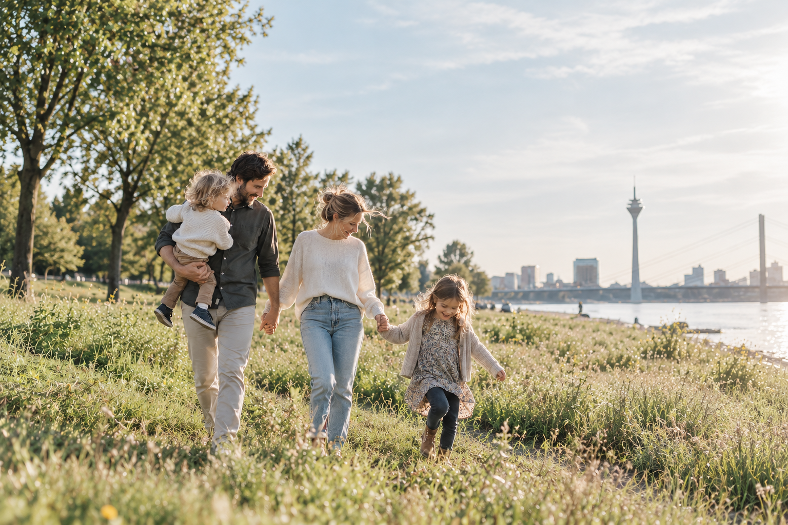 Familie gemeinsam auf den Rheinwiesen in Düsseldorf