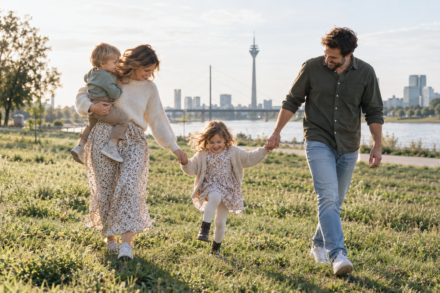 Familie gemeinsam auf den Rheinwiesen in Düsseldorf