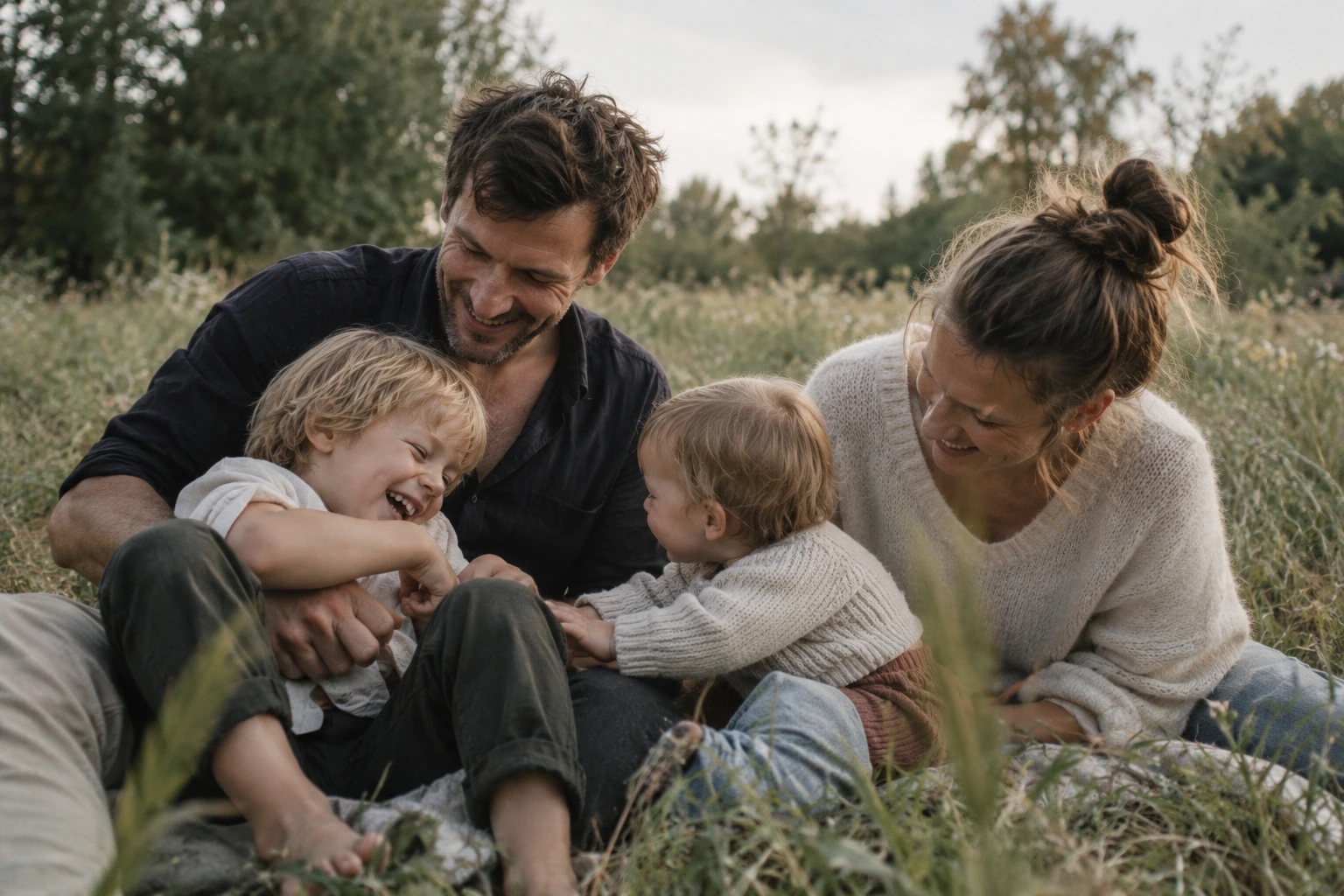 Eltern sitzen mit zwei kleinen Kindern im Gras und kuscheln miteinander.