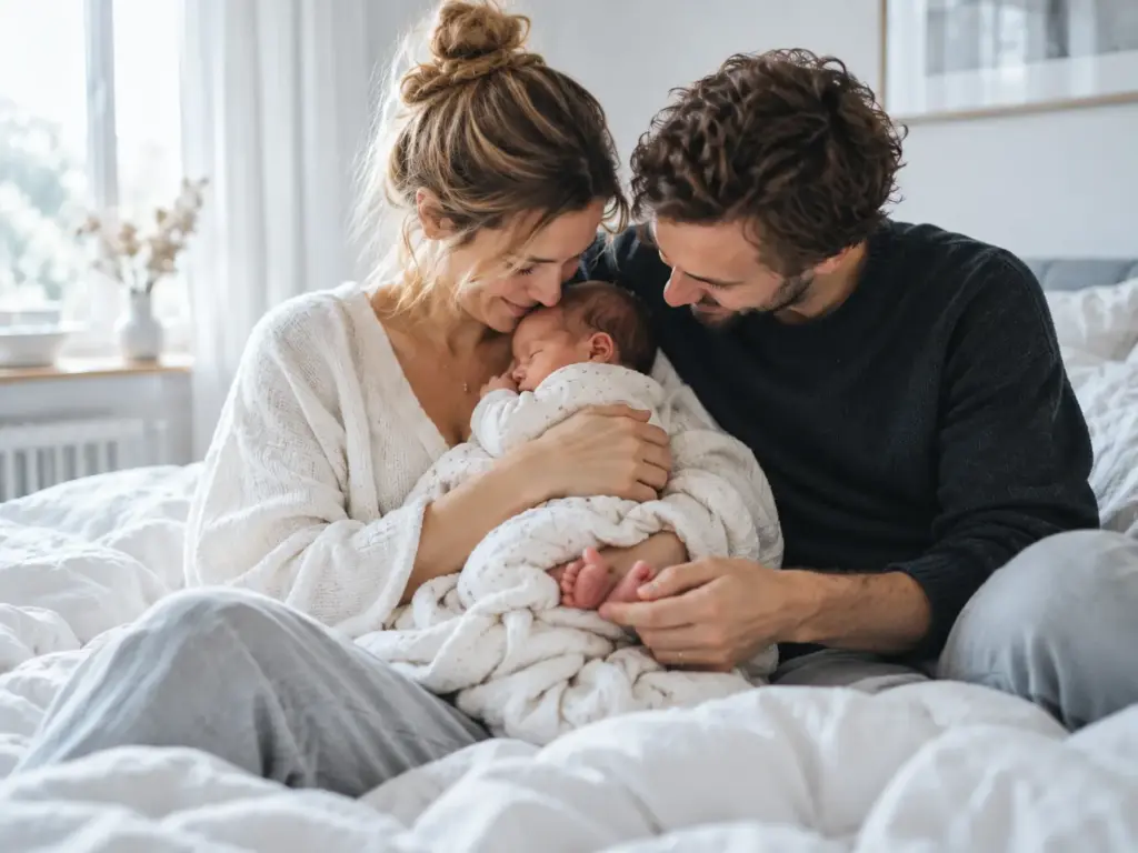 Eltern kuscheln auf dem Bett mit ihrem neugeborenen Baby, das in eine helle Decke gewickelt ist.