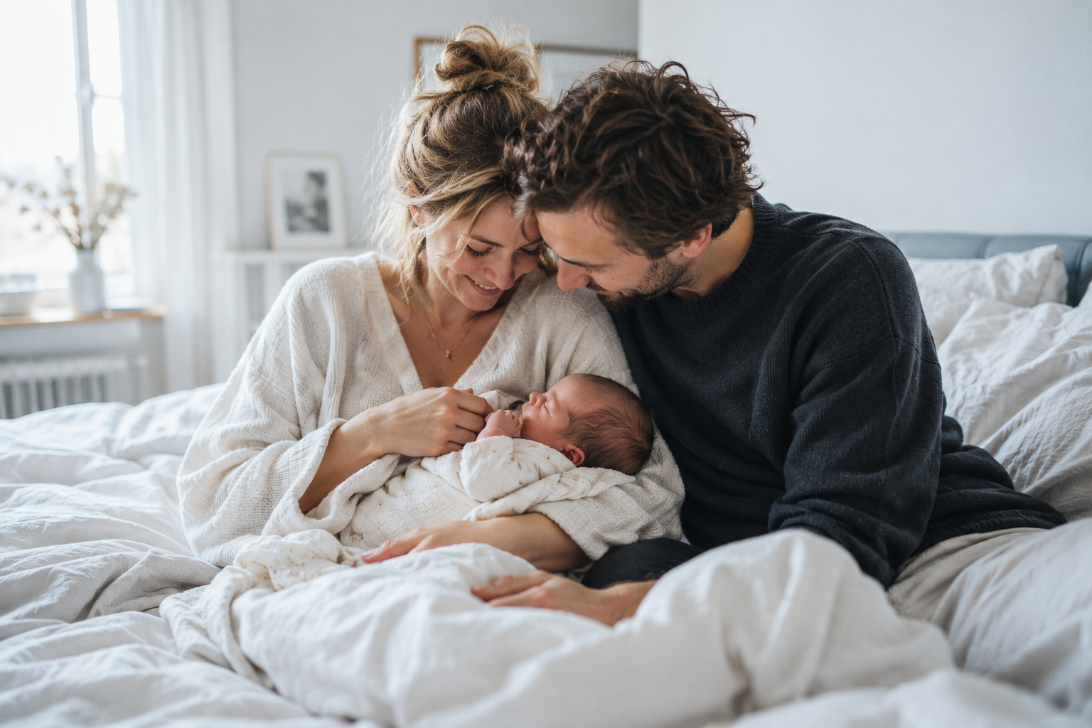 Eltern mit ihrem Baby bei einer Wochenbettreportage zu Hause