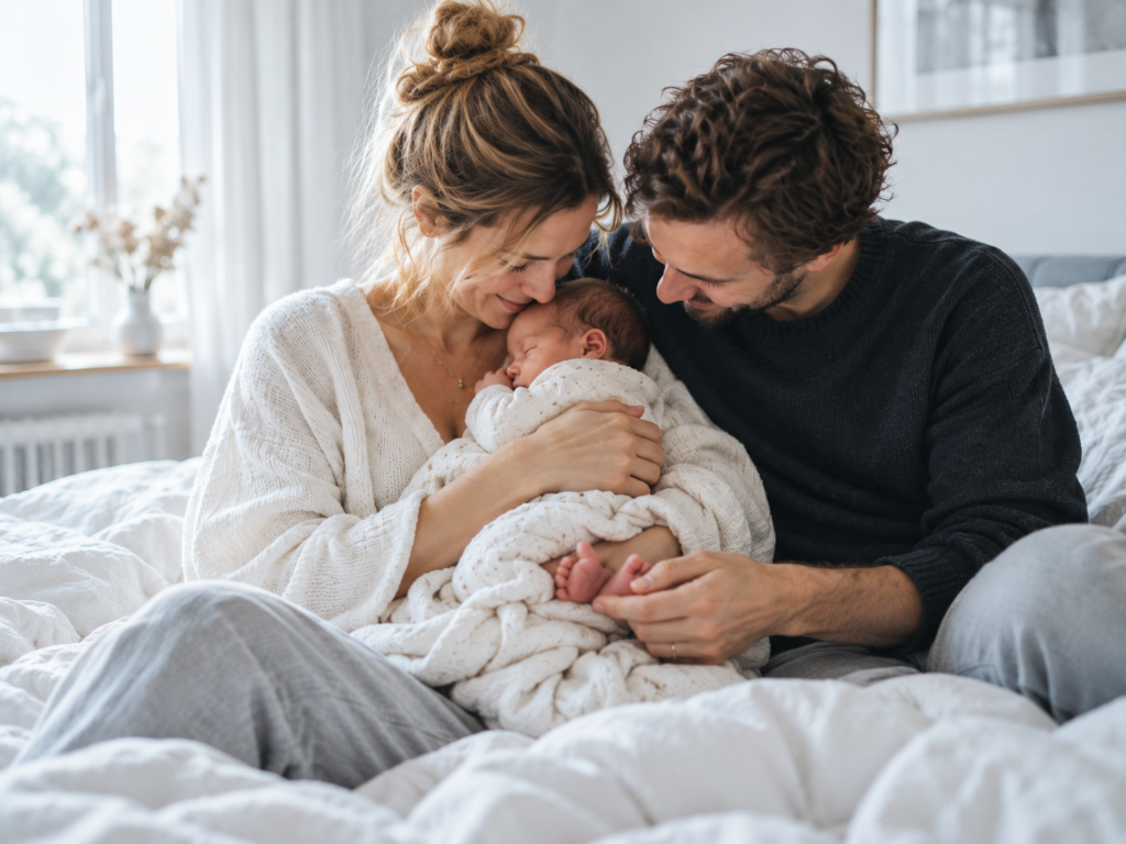 Eltern kuscheln mit ihrem Neugeborenen zu Hause